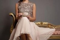 29 a blush pleated midi skirt and a rose gold sequin top