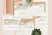 29 green and peach brushstroke wedding stationary