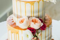 30 caramel drip two tier wedding cake with peach roses