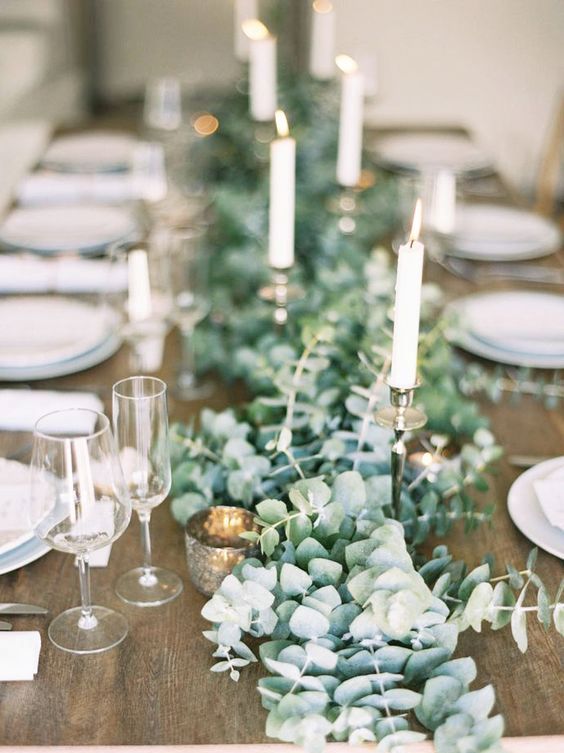 lush eucalyptus table garland with candles