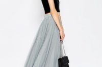 31 a dove grey tulle midi skirt and a black crop top