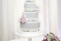 31 dive grey lace wedding cake with blush flowers
