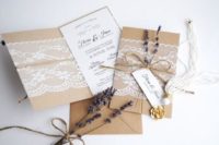 31 kraft paper, lace, twine and lavender stationary for a rustic wedding