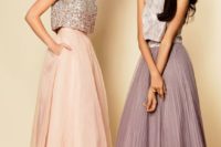 32 a midi high low blush skirt with a sequin top and a midi purple pleated skirt with a silver top