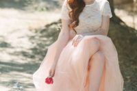 33 blush midi tull eskirt and an ivory lace top