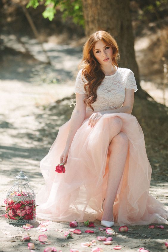 blush midi tull eskirt and an ivory lace top
