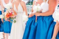 33 bold blue midi skirts and white tops for a seaside wedding