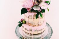 33 semi naked pink drip wedding cake with flowers and greenery