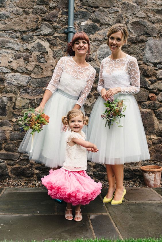 dove grey tulle layed midi skirts and white lace tops with half sleeves