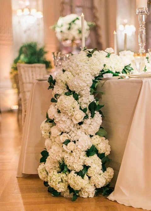 lush floral table runner of white hydrangeas