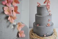 36 concrete three-layer wedding cake with peach-colored flowers