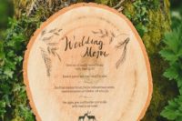 36 wood slice wedding menu burnt