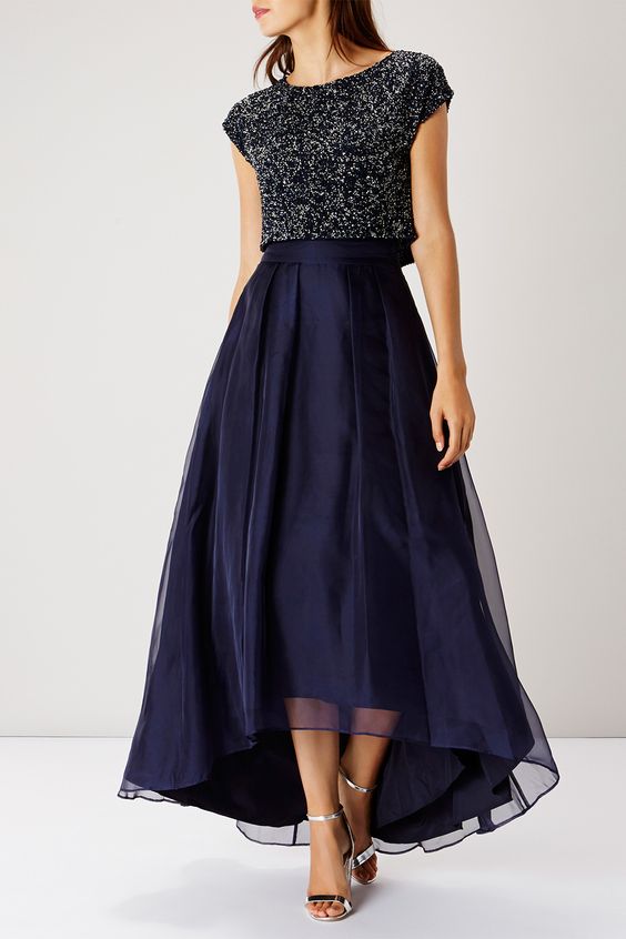 navy high low midi skirt and a sparkling navy crop top