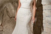 03 V-neck lace applique mermaid wedding dress with a jeweled belt