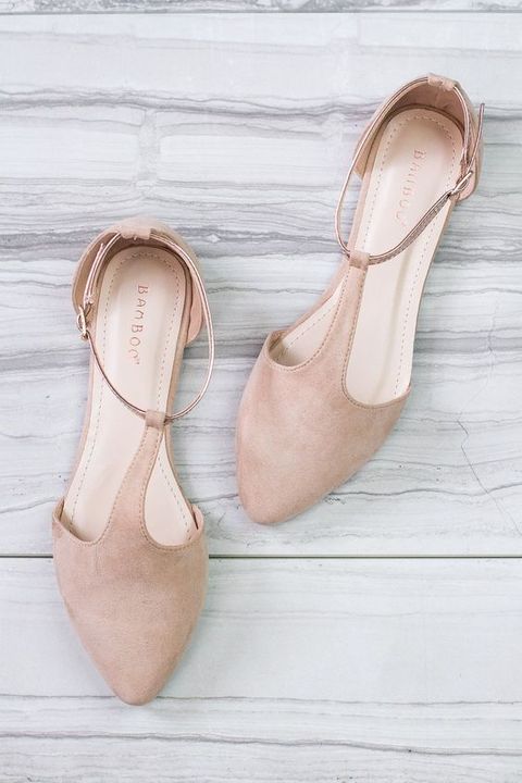 blush suede flats with ankle straps