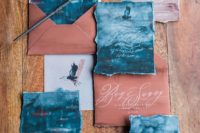 04 copper-colored envelopes and indigo watercolor invites look bold and unique
