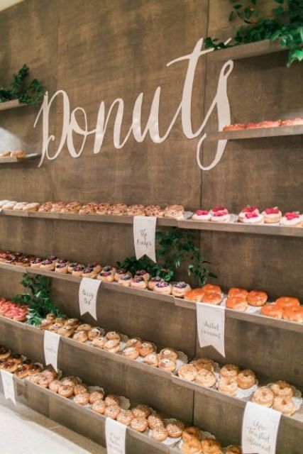 awesome donut bar with desserts displayed on shelves