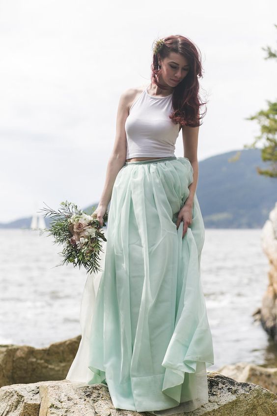 bridal separate with a white top and an aqua-colored skirt