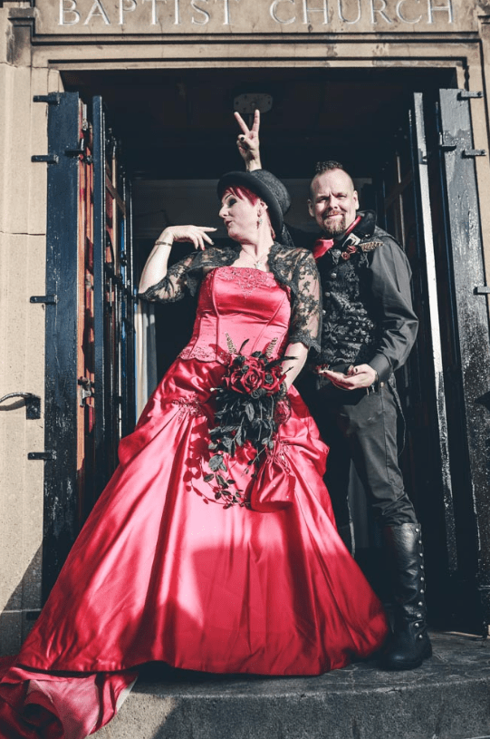 The groom's look was steampunk, with a black suit, tall boots and unique accessories