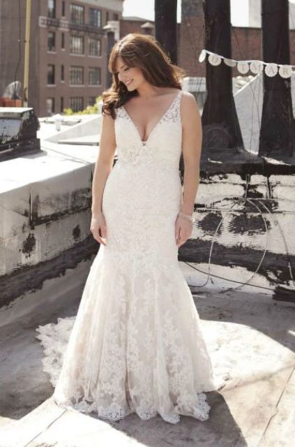 fit and flare lace deep V-neckline wedding dress