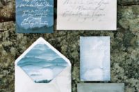 08 watercolor wedding stationary in shades of blue and grey with calligraphy