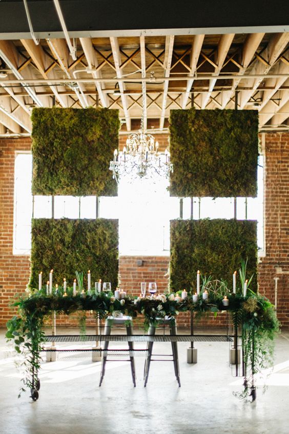 a moss wall backdrop, moss and greenery sweetheart table decor