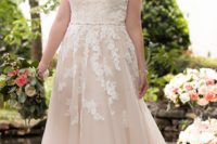 09 blush lace applique V-neck wedding dress with lace straps
