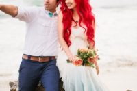 10 ombre sea-form colored wedding dress, red Airel hair and a shell headpiece