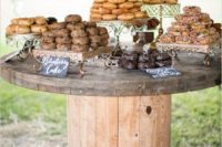 10 rustic donut bar on a large wooden spool