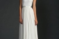 10 simple white wedding dress with cap sleeves, scoop neck and ribbon sash