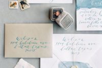 13 watercolor blue wedding invitations with calligraphy