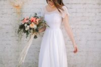 14 cap sleeve A-line chiffon wedding dress with an illusion scoop neckline