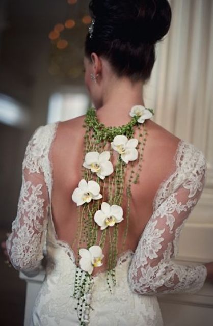 greenery and white orchids back necklace idea
