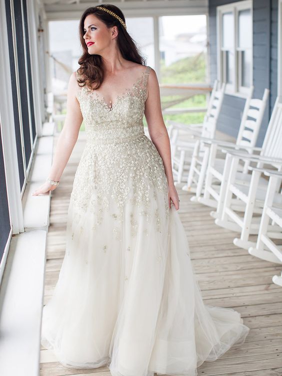 gold sequin wedding dress with illusion straps and a V-neckline