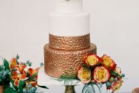 17 half white and half copper wedding cake with bold flowers