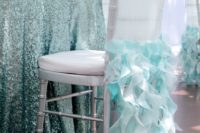 19 aqua-colored sequin tablecloth and ruffled aqua chair covers