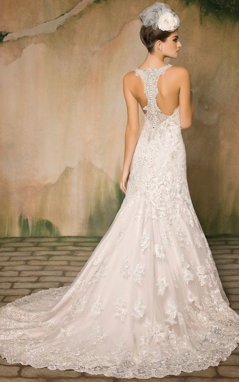 lace fit and flare V-neck gown with a heavily beaded racerback strap