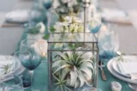 21 turquoise table runner, air plants, candles and seaglass