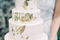 22 blush marble wedding cake with gold leaf accents