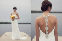 22 strapless wedding dress with a jeweled racerback showing up on the front as an accessory