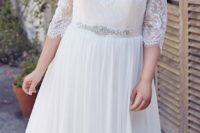 23 white plus size wedding dress with half sleeves and a lace bodice, a jeweled belt