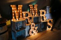 25 lit up marquee Mr&Mrs letters on crates for wedding venue decor