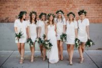 27 simple white dresses, greenery and flower crowns and bouquets for the bridal party