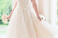 27 tea-length illsuion neckline wedding dress with lace appliques