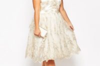 28 V-neck cap sleeve short wedding dress with gold lace appliques