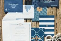 29 nautical invitations with stripes and just navy envelopes, sea-inspired prints