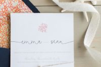 32 ocean invitations with coral prints and shells attached, bold navy and coral print envelopes