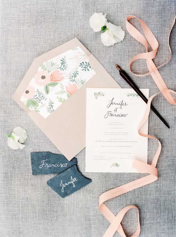 blush wedding stationary with floral patterns