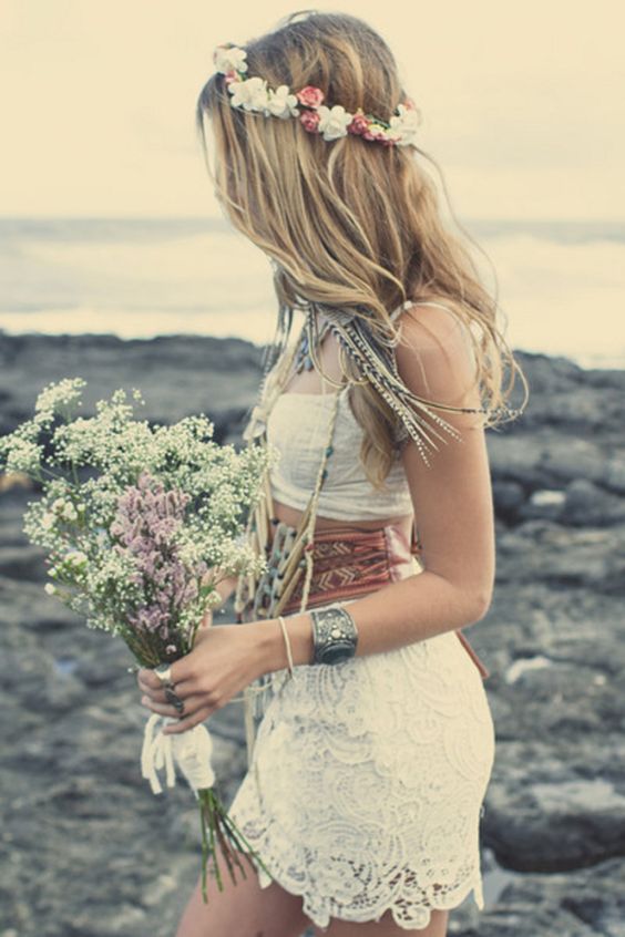 lace bridal separate with a short skirt and a tribal sash, boho accessories