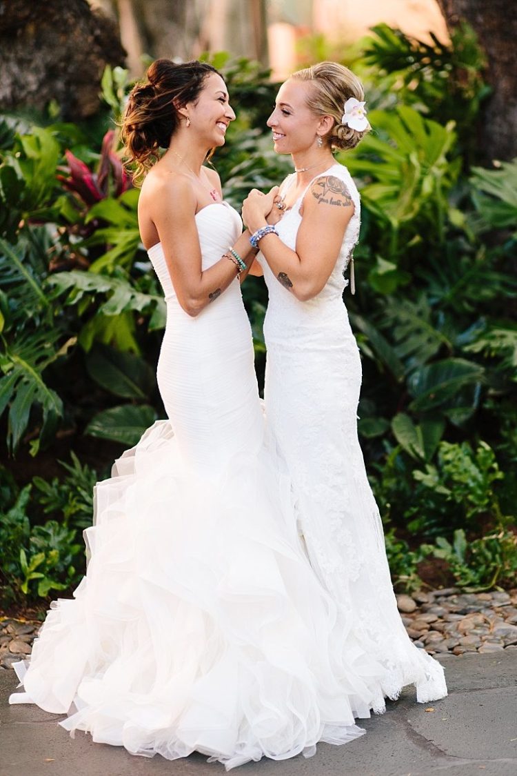 The decond bride prefered a strapless wedding dress with a ruffled skirt